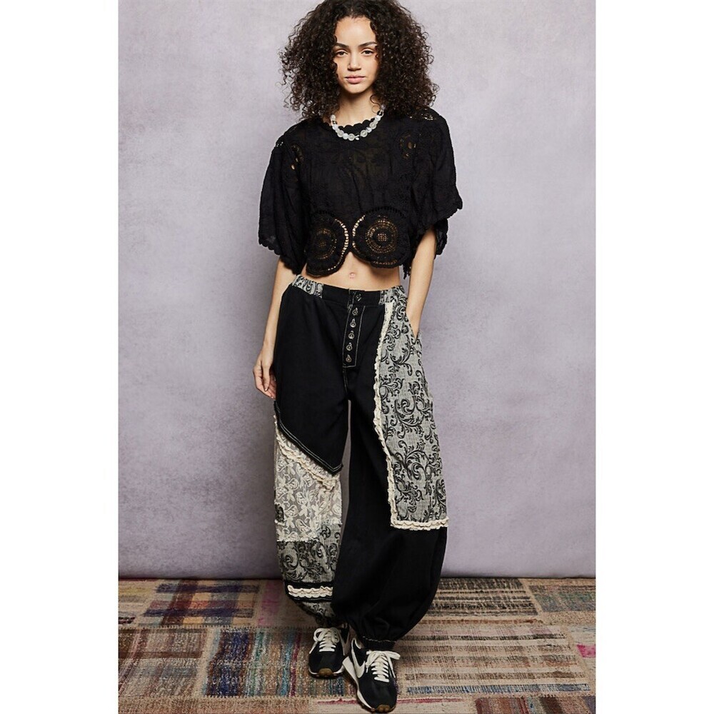 POL Boho Crochet Embroidered Cropped Top OS BlacK Festive Hippie Gypsy Gothic - Picture 6 of 15